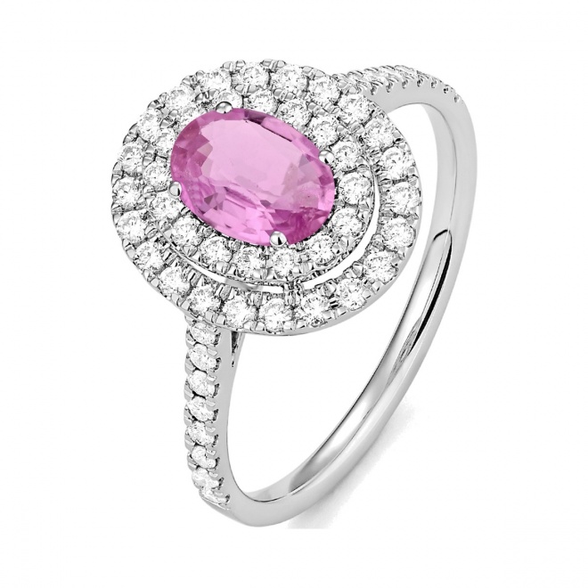 Anillo de oro blanco de 18 Kt con zafiro rosa y diamantes