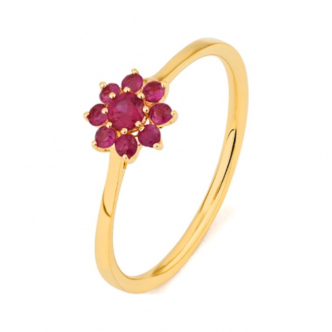 Anillo Rosetón de oro amarillo de 18 Kt con rubíes de 0,38 ct