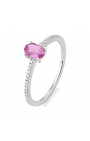 Anillo de oro blanco de 18 Kt con zafiro rosa de 0,68 ct y diamantes de 0,07 ct
