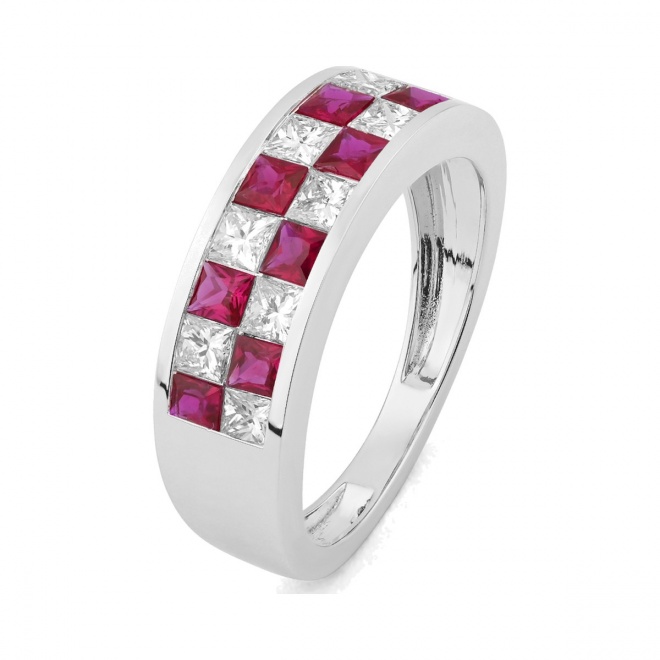 Anillo Media alianza de oro blanco de 18 Kt con zafiro de 1,00 ct y diamantes de 0,75 ct