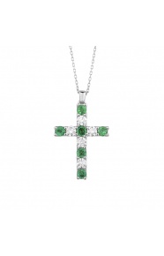 Colgante Cruz de oro blanco de 18 Kt con esmeraldas de 0,70 ct y diamantes de 0,47 ct