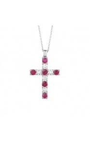 Colgante Cruz de oro blanco de 18 Kt con rubíes de 0,64 ct y diamantes de 0,47 ct