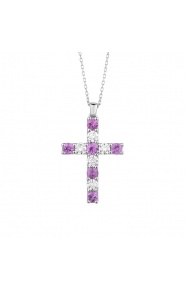 Colgante Cruz de oro blanco de 18 Kt con zafiros rosas de 0,64 ct y diamantes de 0,47 ct