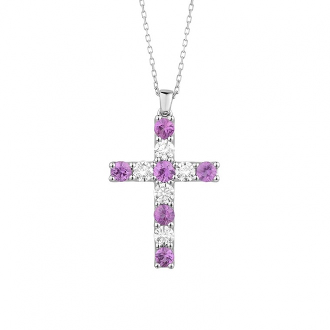 Colgante Cruz de oro blanco de 18 Kt con zafiros rosas de 0,64 ct y diamantes de 0,47 ct