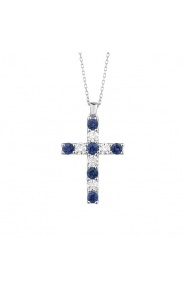 Colgante Cruz de oro blanco de 18 Kt con zafiros azules de 0,66 ct y diamantes de 0,47 ct