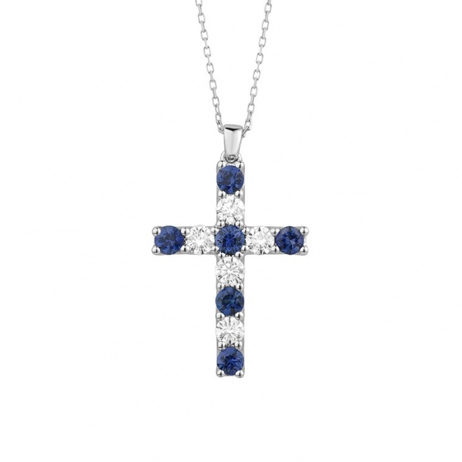 Colgante Cruz de oro blanco de 18 Kt con zafiros azules de 0,66 ct y diamantes de 0,47 ct
