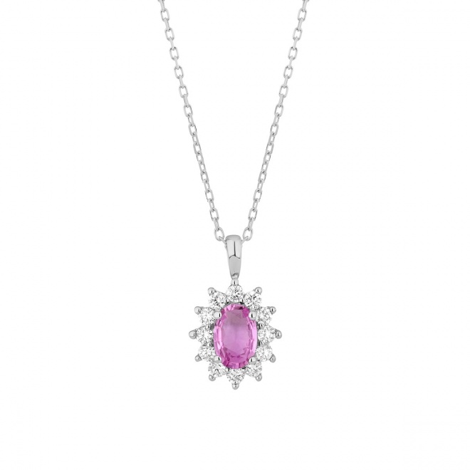 Colgante de oro blanco de 18 Kt con zafiro rosa de 0,68 ct y diamantes de 0,23 ct