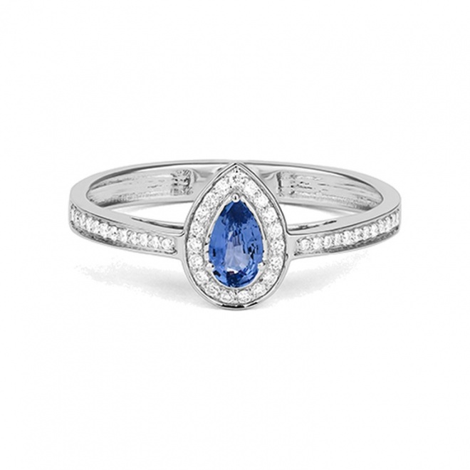 Anillo de oro blanco de 18 Kt con zafiro azul y diamantes