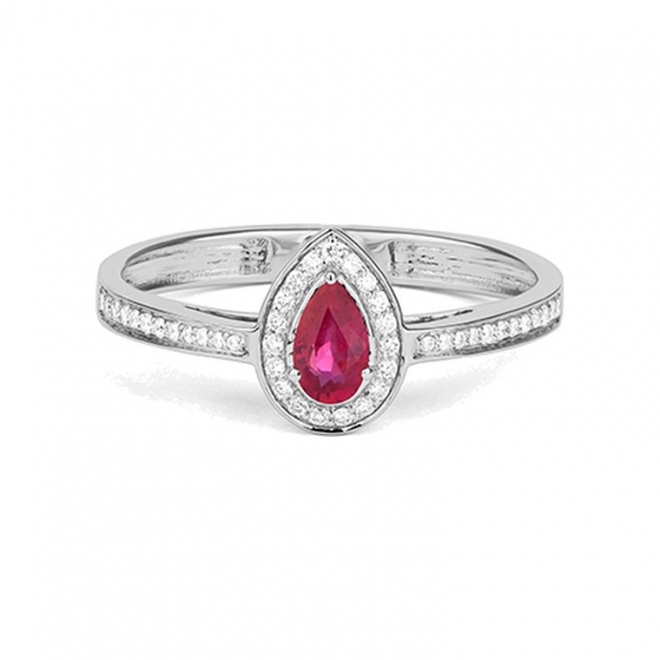 Anillo de oro blanco de 18 Kt con rubí y diamantes