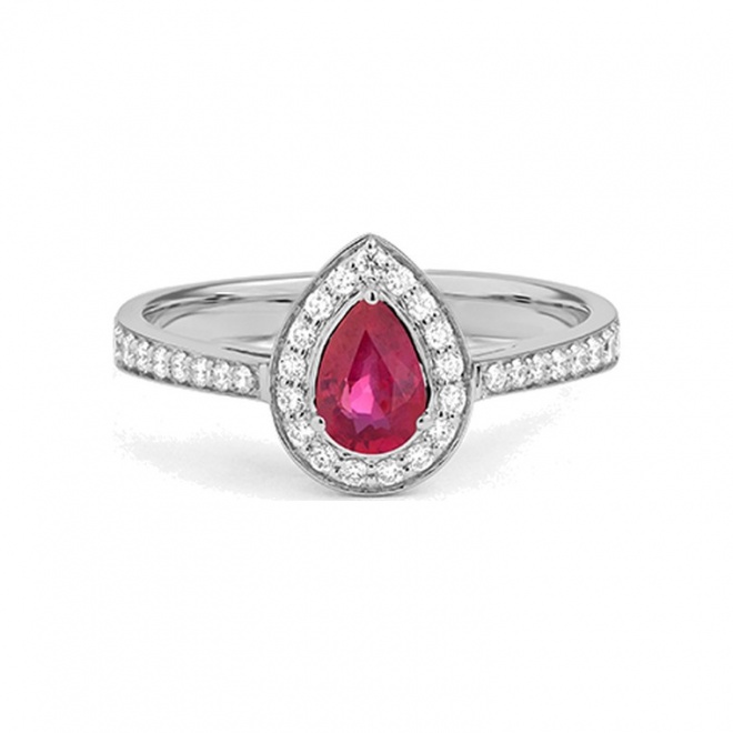 Anillo de oro blanco de 18 Kt con rubí y diamantes