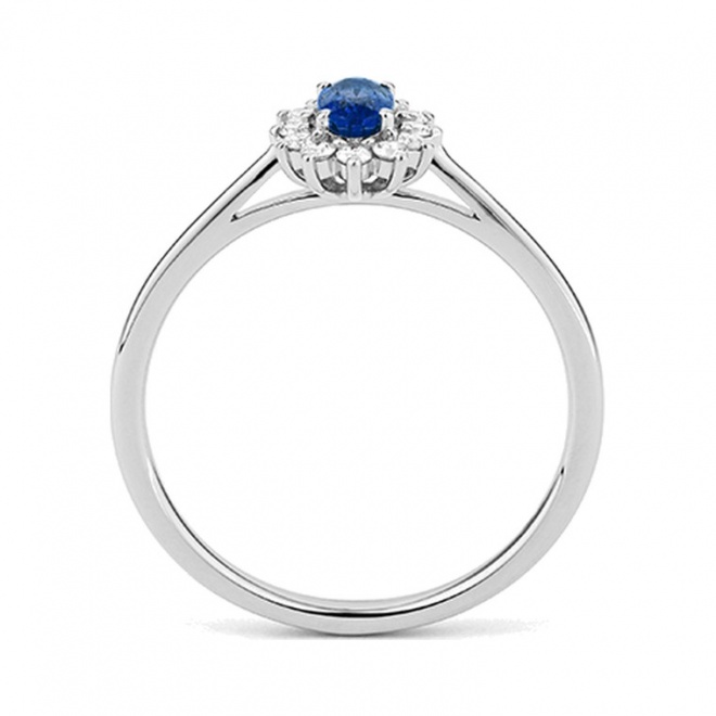 Anillo de oro blanco de 18 Kt con zafiro azul y diamantes