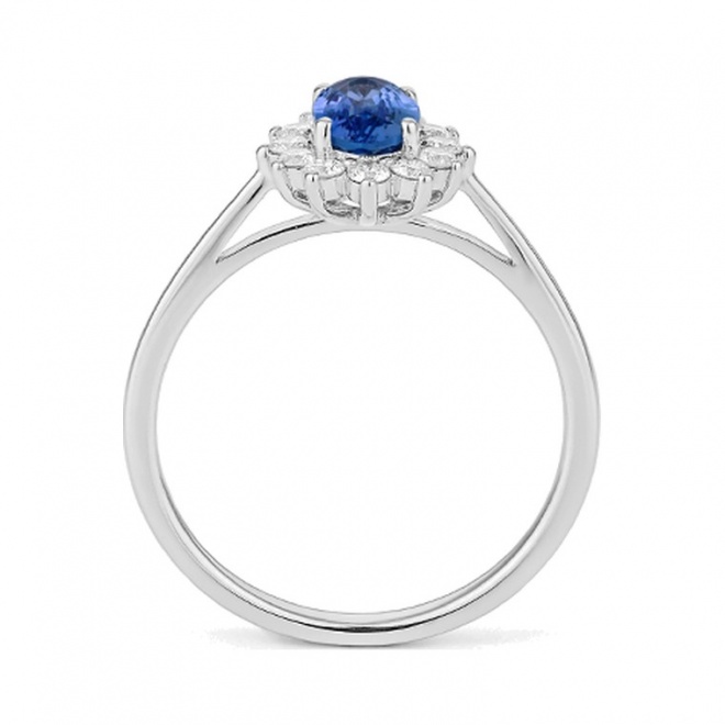 Anillo de oro blanco de 18 Kt con zafiro azul y diamantes