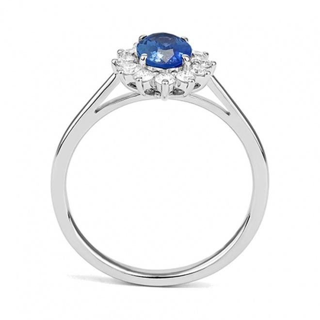 Anillo de oro blanco de 18 Kt con zafiro azul y diamantes