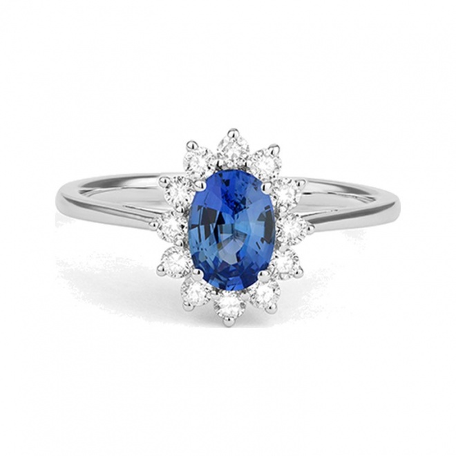 Anillo de oro blanco de 18 Kt con zafiro azul y diamantes
