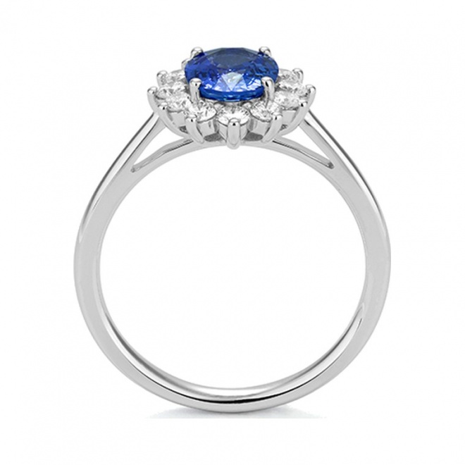 Anillo de oro blanco de 18 Kt con zafiro azul y diamantes