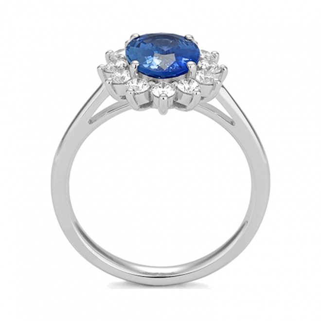Anillo de oro blanco de 18 Kt con zafiro azul y diamantes