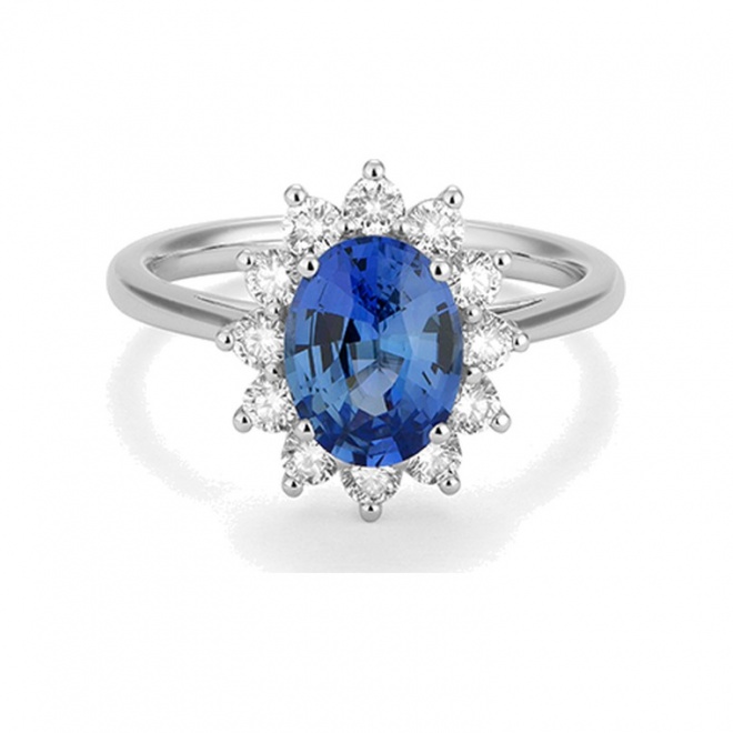 Anillo de oro blanco de 18 Kt con zafiro azul y diamantes