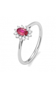 Anillo de oro blanco de 18 Kt con rubí y diamantes