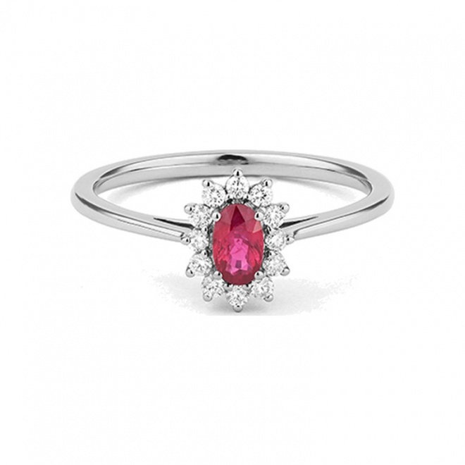 Anillo de oro blanco de 18 Kt con rubí y diamantes