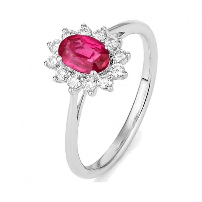 Anillo de oro blanco de 18 Kt con rubí y diamantes