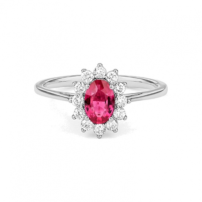 Anillo de oro blanco de 18 Kt con rubí y diamantes