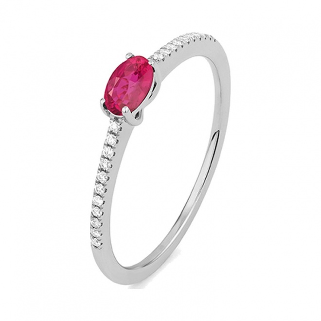 Anillo de oro blanco de 18 Kt con rubí y diamantes de 0,06 ct