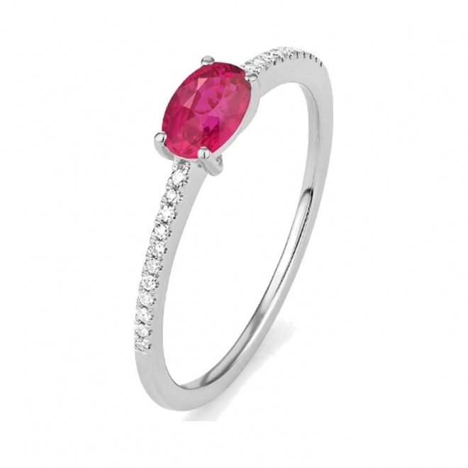 Anillo de oro blanco de 18 Kt con rubí y diamantes de 0,06 ct