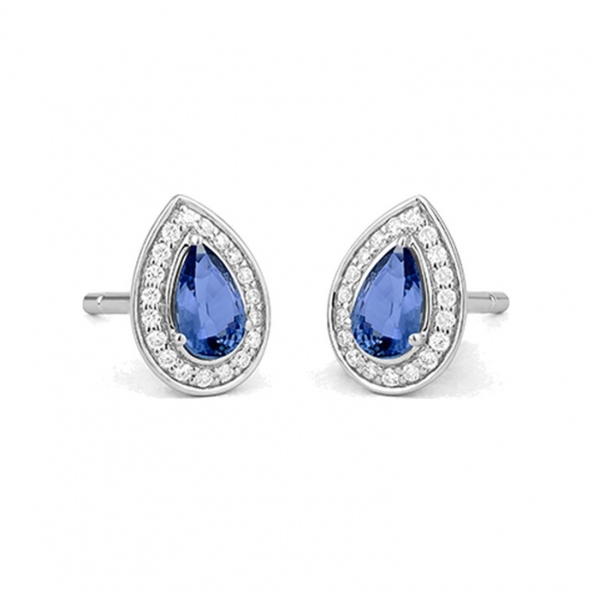 Pendientes de oro blanco de 18 Kt con zafiro azul y diamantes