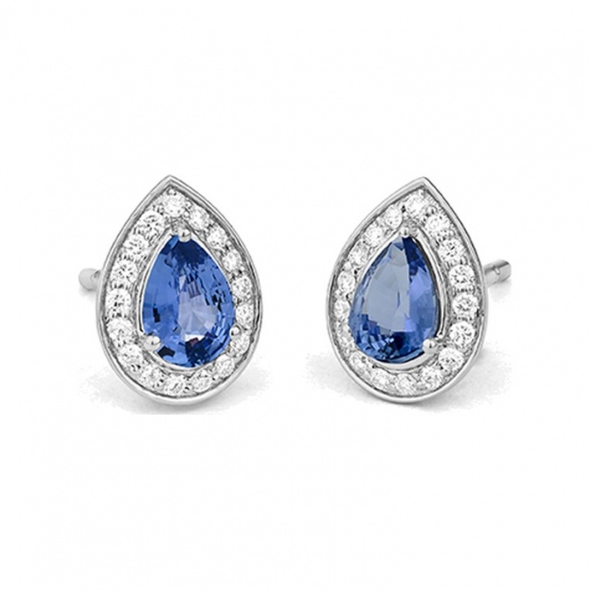 Pendientes de oro blanco de 18 Kt con zafiro azul y diamantes