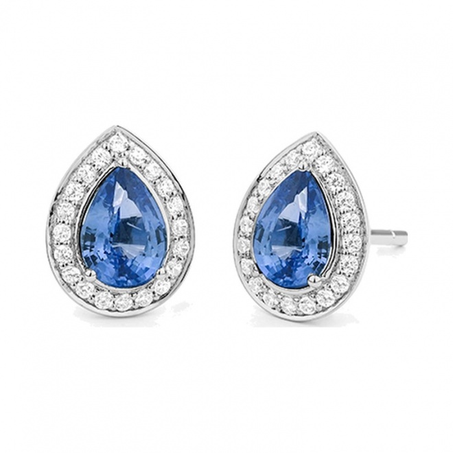 Pendientes de oro blanco de 18 Kt con zafiro azul y diamantes