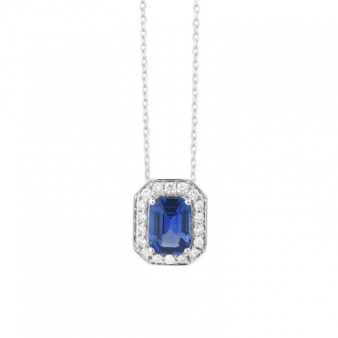 Colgante de oro blanco de 18 Kt con zafiro azul y diamantes