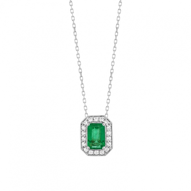 Colgante de oro blanco de 18 Kt con esmeralda y diamantes