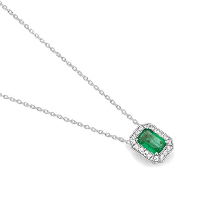 Colgante de oro blanco de 18 Kt con esmeralda y diamantes