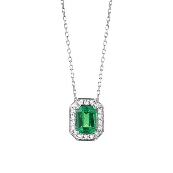 Colgante de oro blanco de 18 Kt con esmeralda y diamantes