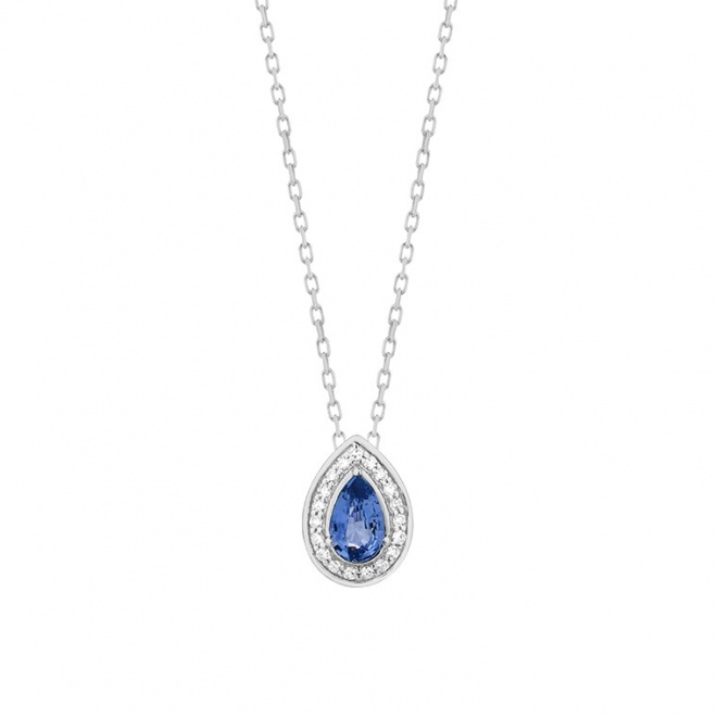 Colgante de oro blanco de 18 Kt con zafiro azul y diamantes