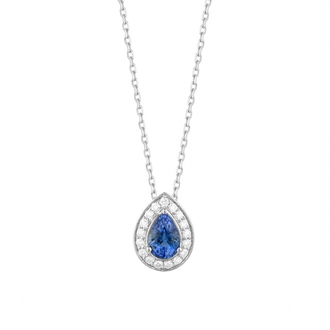 Colgante de oro blanco de 18 Kt con zafiro azul y diamantes