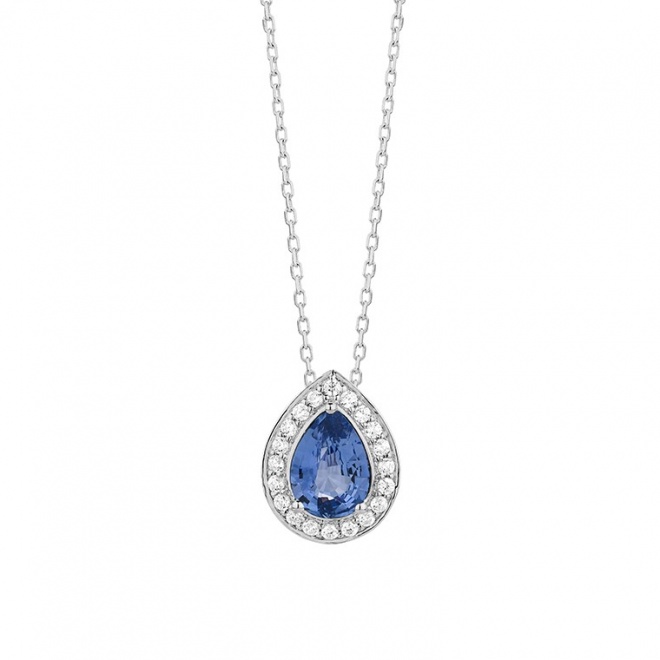 Colgante de oro blanco de 18 Kt con zafiro azul y diamantes