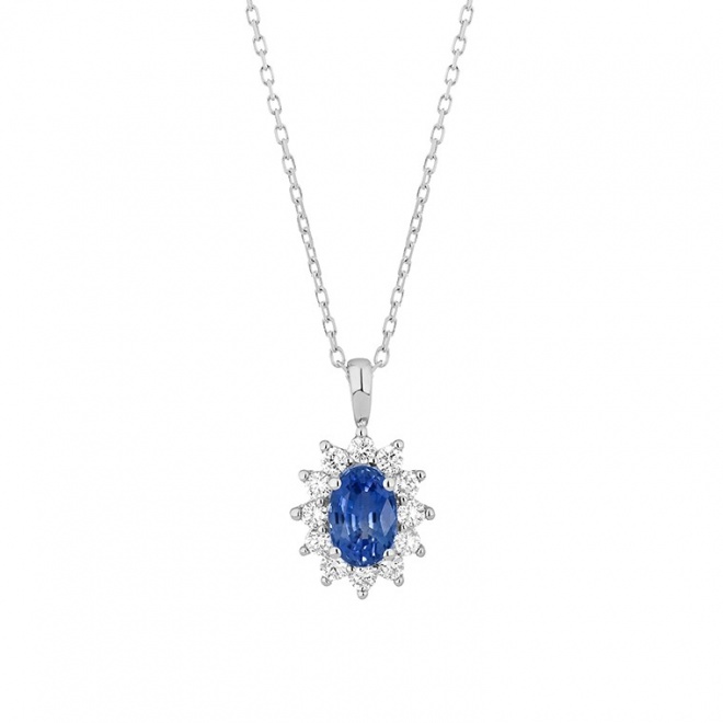 Colgante de oro blanco de 18 Kt con zafiro azul y diamantes