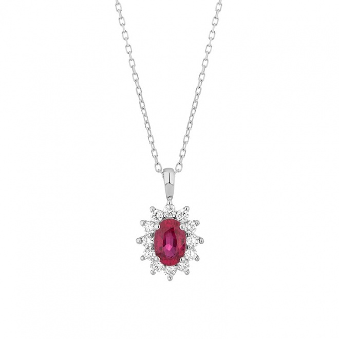 Colgante de oro blanco de 18 Kt con rubí y diamantes