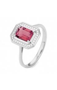 Anillo de oro blanco de 18 Kt con rodolita de 1,27 ct y diamantes de 0,10 ct