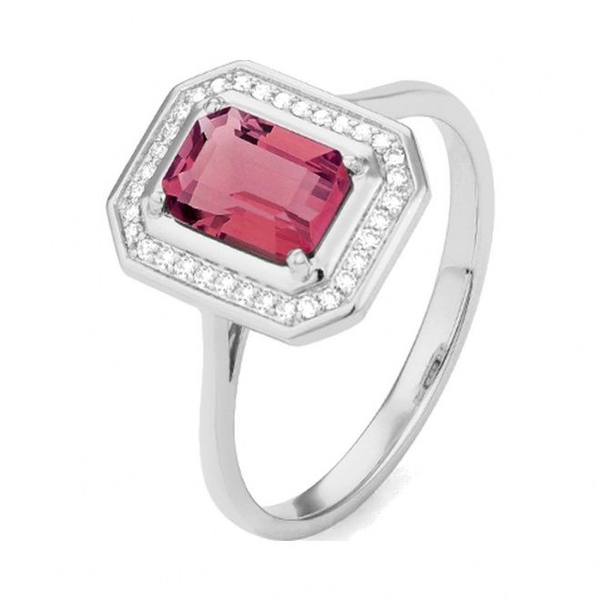 Anillo de oro blanco de 18 Kt con rodolita de 1,27 ct y diamantes de 0,10 ct