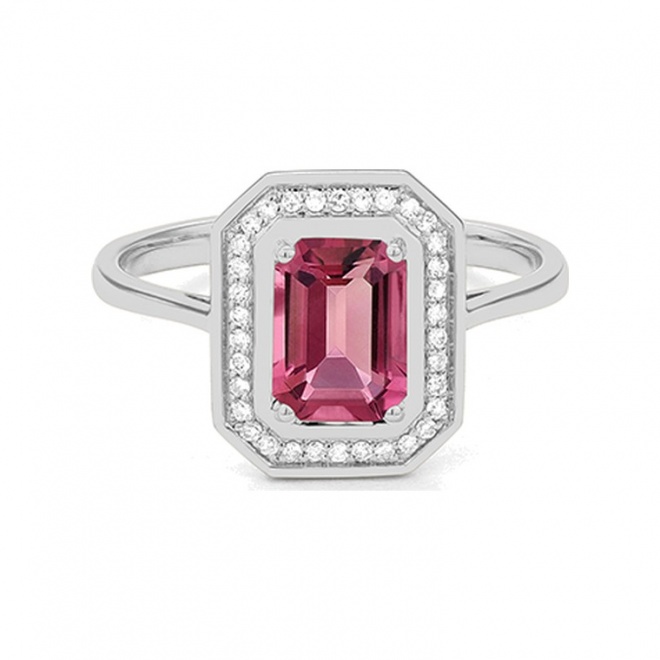 Anillo de oro blanco de 18 Kt con rodolita de 1,27 ct y diamantes de 0,10 ct