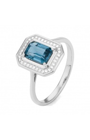 Anillo de oro blanco de 18 Kt con topacio de 1,17 ct y diamantes de 0,10 ct