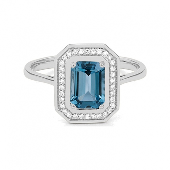 Anillo de oro blanco de 18 Kt con topacio de 1,17 ct y diamantes de 0,10 ct