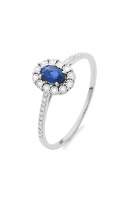 Anillo Rosetón de oro blanco de 18 Kt con zafiro azul de 0,30 ct y diamantes de 0,08 ct