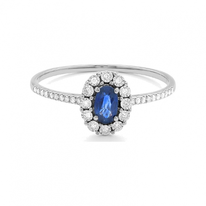 Anillo Rosetón de oro blanco de 18 Kt con zafiro azul de 0,30 ct y diamantes de 0,08 ct