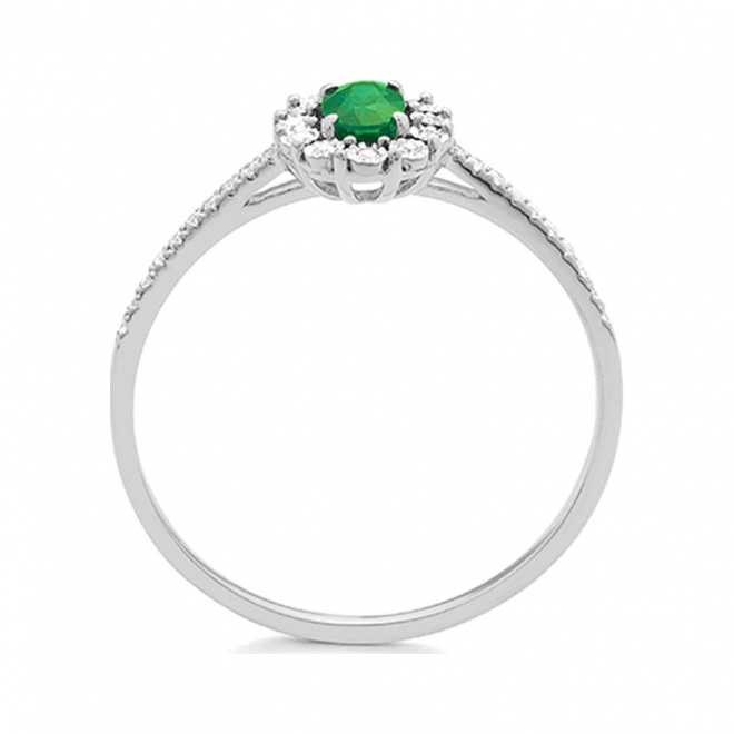 Anillo Rosetón de oro blanco de 18 Kt con esmeralda de 0,23 ct y diamantes de 0,08 ct