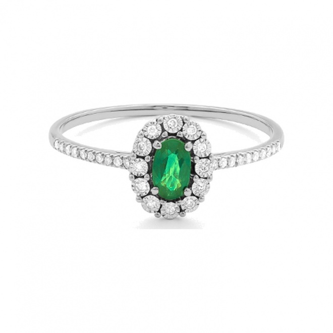 Anillo Rosetón de oro blanco de 18 Kt con esmeralda de 0,23 ct y diamantes de 0,08 ct