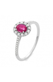 Anillo Rosetón de oro blanco de 18 Kt con rubí de 0,30 ct y diamantes de 0,08 ct
