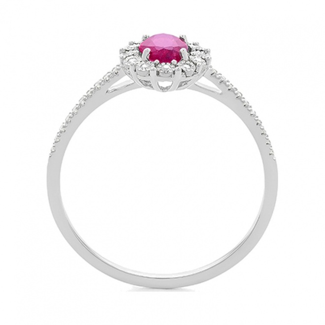 Anillo Rosetón de oro blanco de 18 Kt con rubí de 0,30 ct y diamantes de 0,08 ct